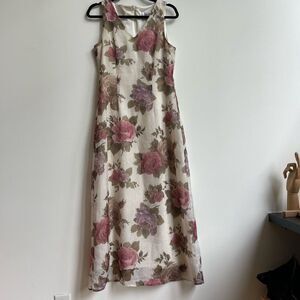 S.L. Fashions Women's Sleeveless Floral V-Neck Lined Cream Midi Dress Size 8